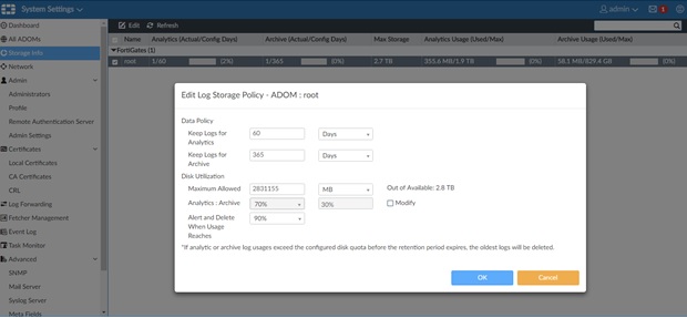 FortiAnalyzer 5.4 Storage Quota Limits for ADOM root