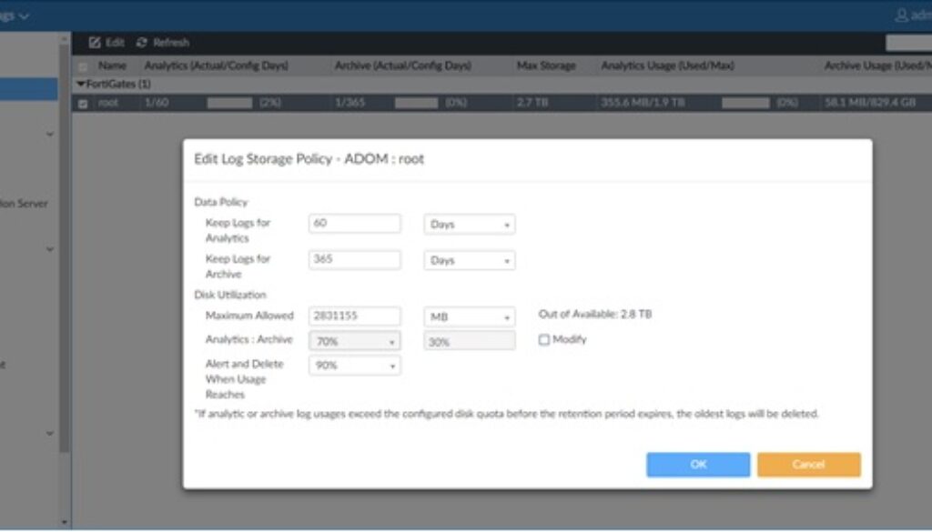 FortiAnalyzer 5.4 Storage Quota Limits for ADOM root