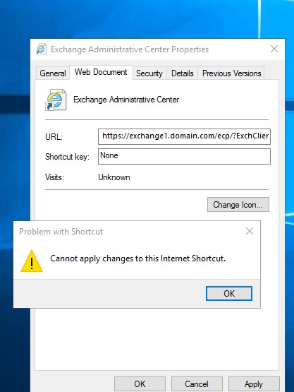 cannot apply changes to this internet shortcut 2016 2019