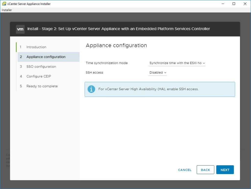 11. Stage 2 starts. If you have an NTP server, set it here, otherwise make sure your ESXi host has correct time and use it. 