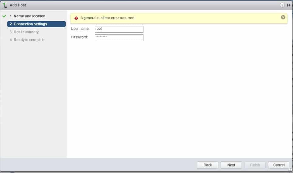 A general runtime error occurred adding host - VMware vCenter and ESXi