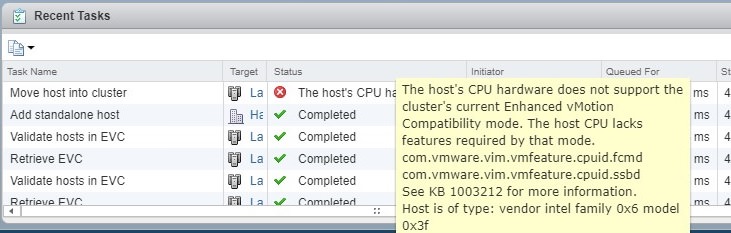 the hosts cpu hardware does not support the cluster