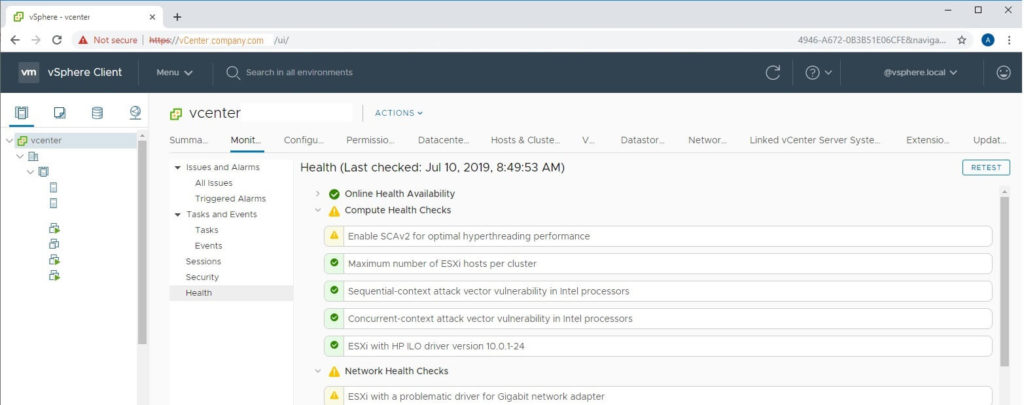 The vsphere html5 client shows the health tab