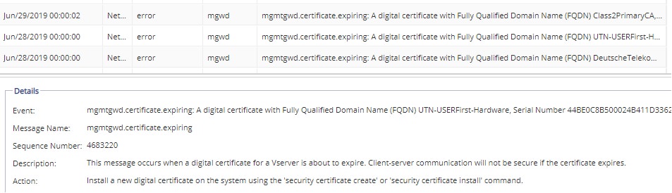 netapp ONTAP event log shows third party server-ca certificates expiring