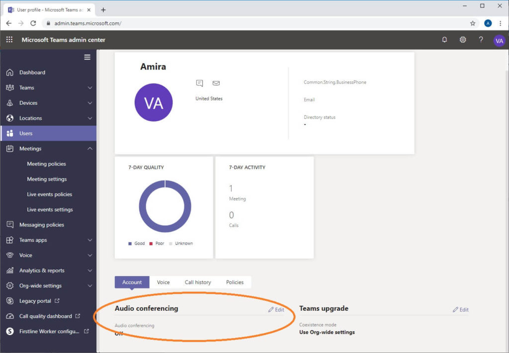 Teams admin center for o365 showing user properties