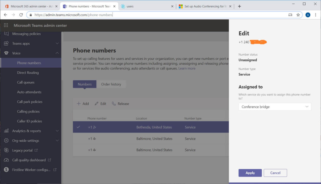 Microsoft Teams admin portal assign phone number to conference bridge