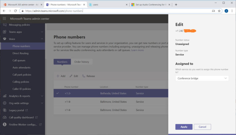 teams assign on premise phone number