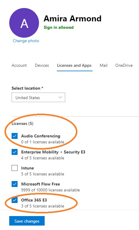 Office 365 admin portal assign license for audio conferencing to user