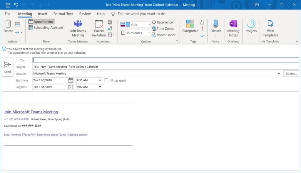 Using the outlook calendar in o365 to create a new Teams Meeting with joining information and dial in phone number for conference calls