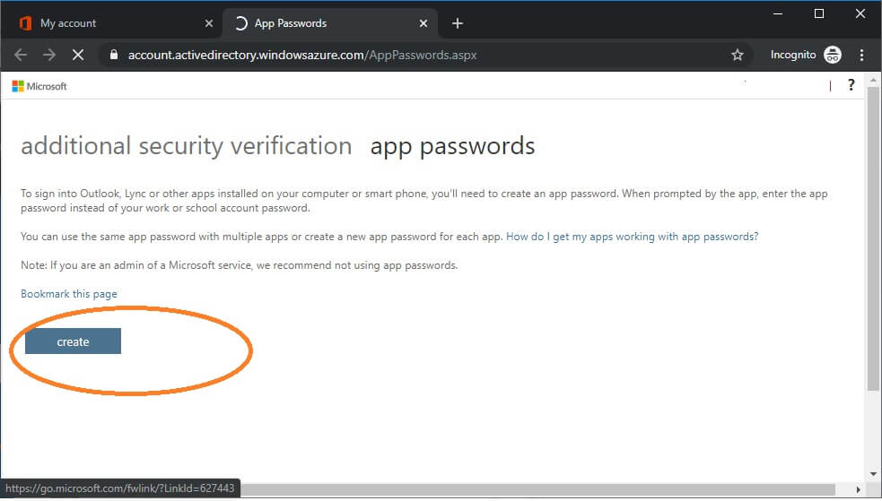 create app passwords for a user in account settings o365