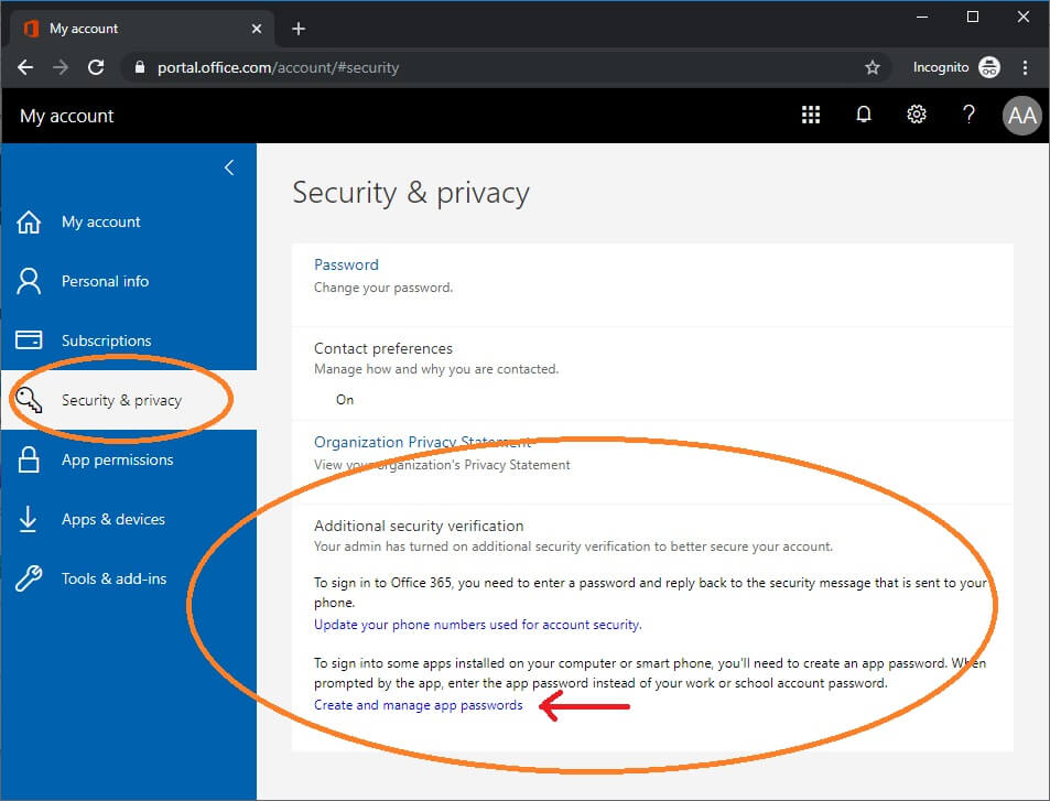 menu for app password displays in account settings o365 user