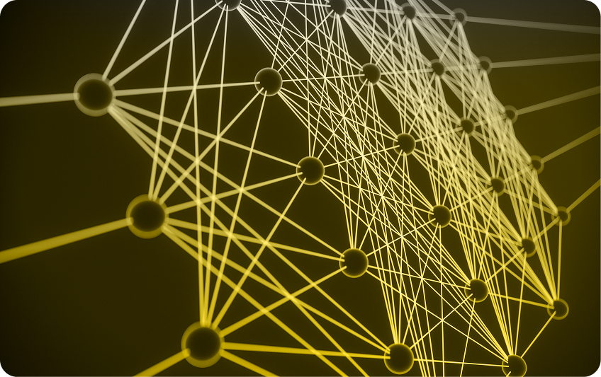 A network of yellow lines connecting round nodes against a dark background.