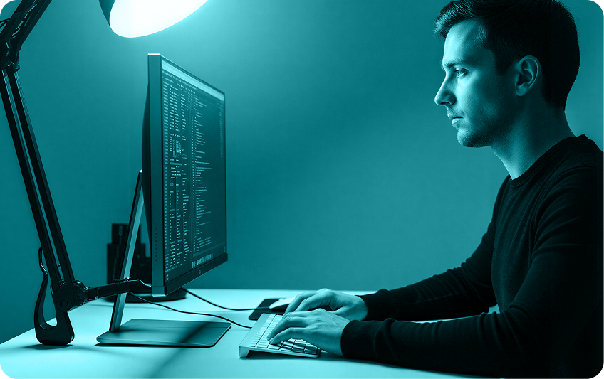 Man at a desk in a dark office reading text on a computer monitor, NIST SP 800-171 Rev 3
